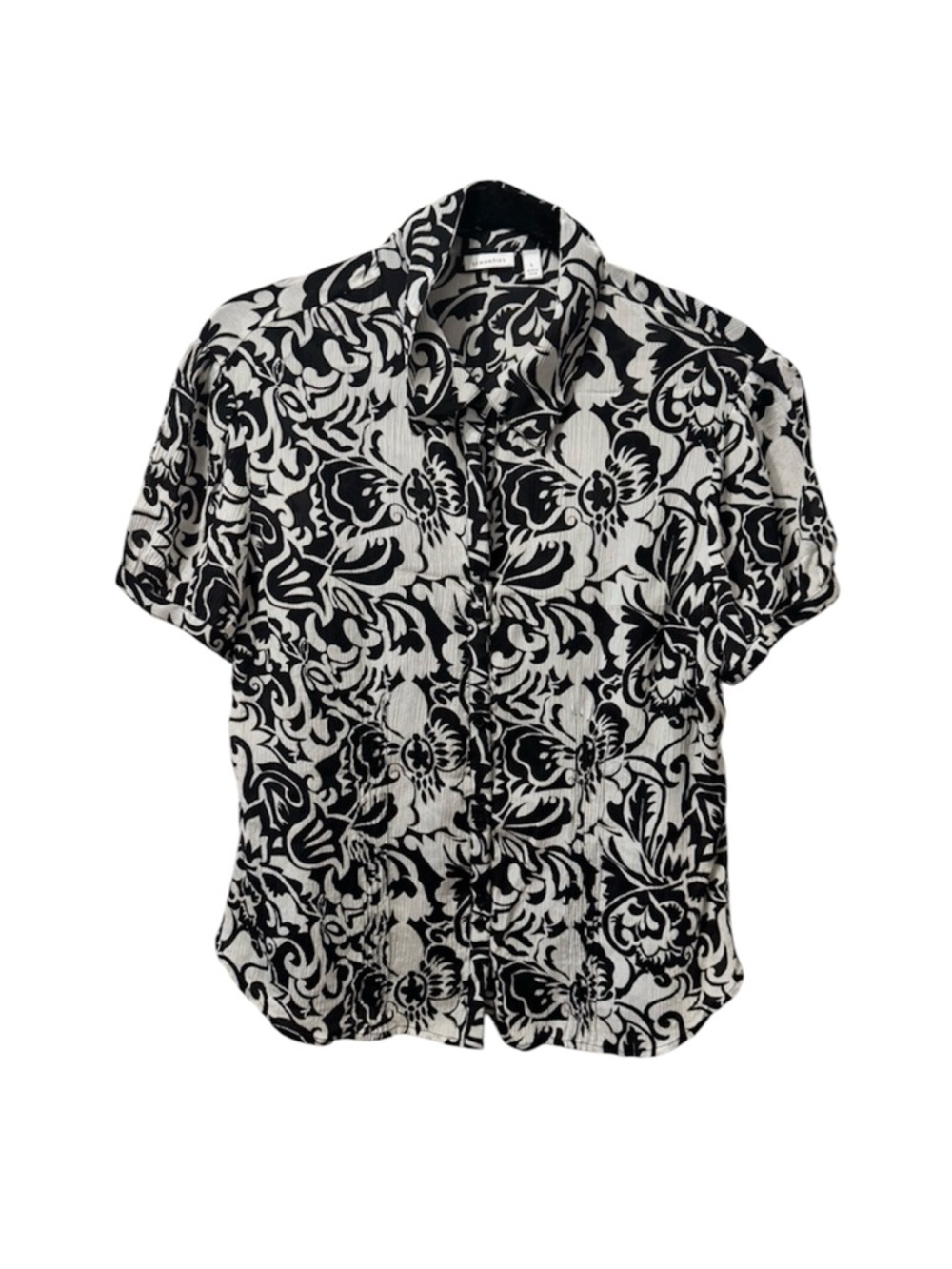 Semantiks Black and White Floral Short-Sleeve Button-Down Silk Blouse Large